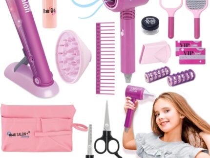 18 PCS Girls Beauty Hair Salon Toy Kit with Hairdryer, Straightener & Styling Accessories, Fashion Pretend Play Doll Stylist Set for Kids and Toddlers