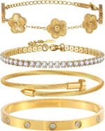 18K Gold Plated Bangle Bracelet Set for Women Stackable Lucky Floral Adjustable Tennis Bracelet Non Tarnish Gift Jewelry for Christmas Valentines Birthday Mother’s Day