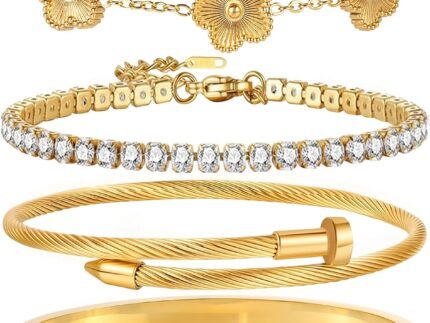 18K Gold Plated Bangle Bracelet Set for Women Stackable Lucky Floral Adjustable Tennis Bracelet Non Tarnish Gift Jewelry for Christmas Valentines Birthday Mother’s Day