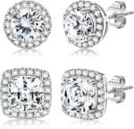 18K Gold Plated Halo Stud Earrings 925 Sterling Silver Cubic Zirconia Stud Earrings Round Square Diamonique Stud Earrings Set for Women Men