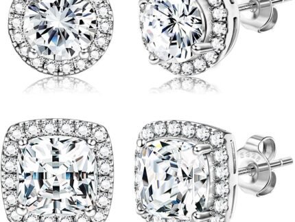 18K Gold Plated Halo Stud Earrings 925 Sterling Silver Cubic Zirconia Stud Earrings Round Square Diamonique Stud Earrings Set for Women Men
