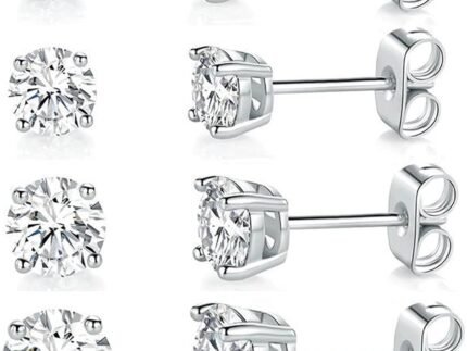18K White Gold Plated Round Cubic Zirconia Stud Earrings Pack, 6 Pairs