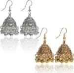 2 Pair Vintage Jhumkas Earrings 1.8” for Women, Handmade Ethnic Antique Traditional Gold Plated Silver Earring – Small Indian Jhumki Jewelry Micro Earring Bell Tassel Drop Hanging Pendientes
