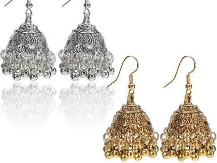 2 Pair Vintage Jhumkas Earrings 1.8” for Women, Handmade Ethnic Antique Traditional Gold Plated Silver Earring – Small Indian Jhumki Jewelry Micro Earring Bell Tassel Drop Hanging Pendientes
