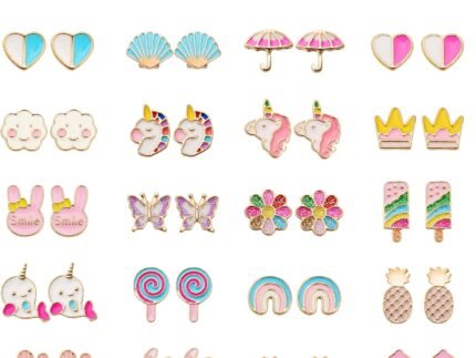 24 Pairs Hypoallergenic Stud Earrings Set for Girls Sensitive Ears With Stainless Steel Post Colorful Cute Earrings for Girls Women