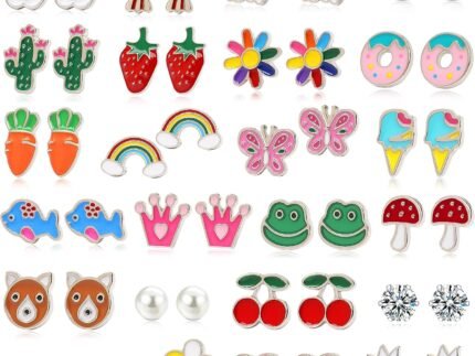 24 Pairs Hypoallergenic Stud Earrings for Girls Kids Cute Stainless Steel Earrings Fun Mushroom Butterfly Flower Rainbow Frog Earrings Set Jewelry for Little Girls Women