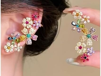 2pcs Crystal Floral Ear Cuffs Multicolor Flower Fairy Ears for One Hole