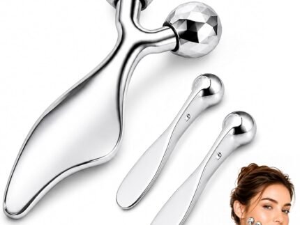 3-In-1 Metal Face Massager Roller Set, Self Cooling Gua Sha and Dual Ended Eye Cream Applicator to Reduce Morning Puffiness and Sculpt Double Chin for Skincare Lovers, 3Pcs Washable Zinc Alloy Silver