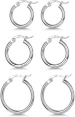 3 Pairs 925 Sterling Silver Hoop Earrings | Small White Gold Plated Hoop Earrings for Women (13mm,15mm,20mm，25mm,30mm,40mm,50mm,60mm)
