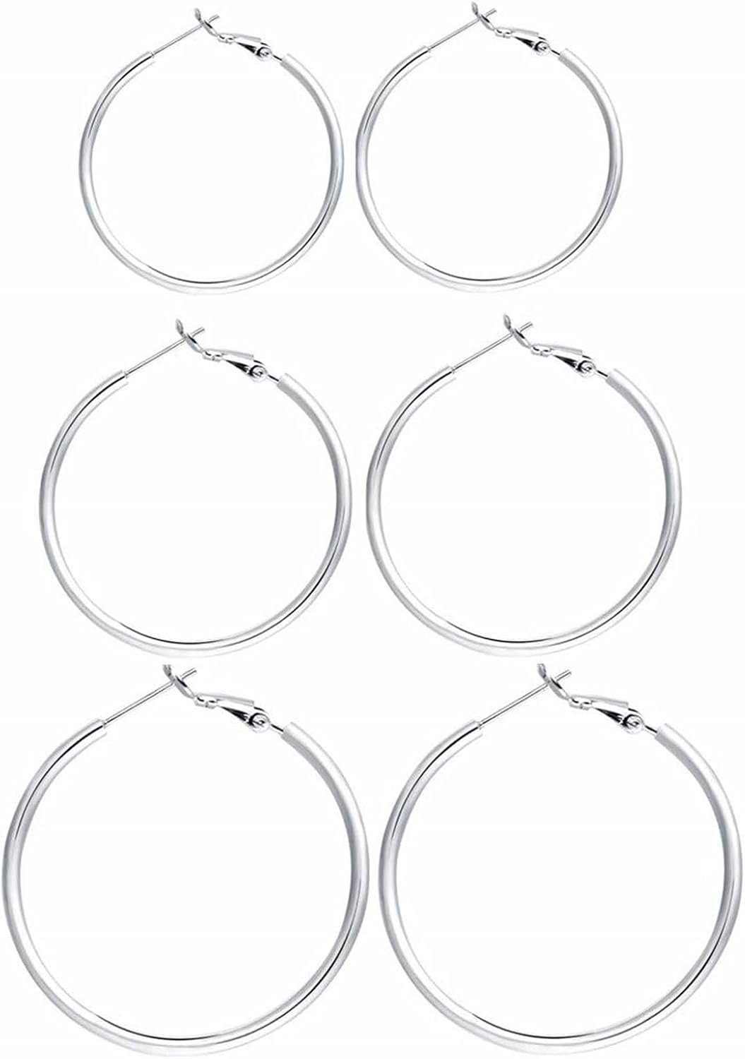 3 Pairs Sterling Silver Large Hoop Earrings Set for Women 40 50 60MM 3 Pairs Sterling Silver Large Hoop Earrings Set for Women 40 50 60MM