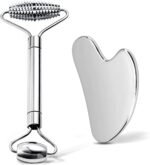 3 in 1 Gua Sha and Face Roller with Metal Eye Roller, Stainless Steel Tool for Puffiness and Jawline Sculpting, Hot & Cold Eyelid Roller for Dry Eyes, Chalazion, Stye and MGD Soothe