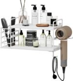 3-in-1 Wall Mounted Hair Dryer Holder with 2 Tier Shelves & Detachable Basket, Space Saving Organizer for Bathroom, Kitchen, Bedroom, Rust-Resistant, Easy Install (White)