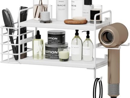 3-in-1 Wall Mounted Hair Dryer Holder with 2 Tier Shelves & Detachable Basket, Space Saving Organizer for Bathroom, Kitchen, Bedroom, Rust-Resistant, Easy Install (White)