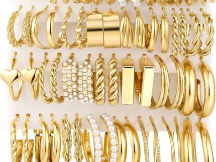 30 Pairs Gold Hoop Earrings Set for Women, Hypoallergenic Pearl Twisted Statement Hoops Multipack, Small to Chunky Hoop Earrings for Women Trendy Jewelry Gifts