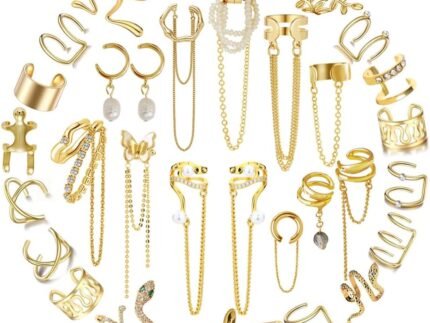35 PCS Gold Silver Adjustable Ear Cuffs Earrings for Women Non-Piercing Cartilage Clip on Earrings Wrap Ear Jewelry Set,Punk Snake Butterfly Claw Stud Earrings for Women Gift