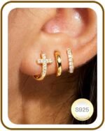 3Pairs Gold Cross Earrings for Women Hoops Huggie Earrings Stack Set