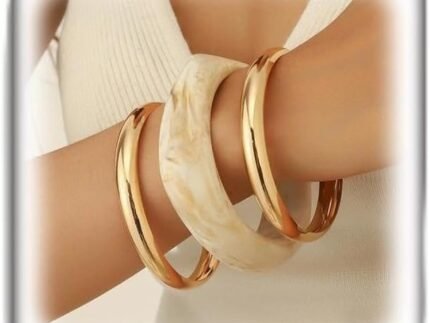 3Pcs Chunky Gold Stackable Bangles Set for Women, Geometric White Marbled Resin Bracelet Vintage Irregular Fashion Accessories Daily Wear Gifts