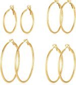 4 Pairs Silver Gold Hoop Earrings for Women | 14K Gold Plated Hoop Earrings Set Hypoallergenic Earring Lightweight Dangle Earrings Set