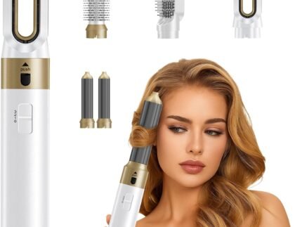 5 in 1 Hair Dryer Brush Set–Air Styler for Hair,Blow Dryer Curling Iron&Airbrush Hair Styler 5 in 1 with Ionic Technology,Detachable Hot Air Brush for Drying,Curling, Straightening (White Gold)
