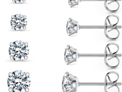 6 Pairs Stud Earrings Set, Hypoallergenic Cubic Zirconia 316L Earrings Stainless Steel CZ Earrings 3-8mm (Steel color)