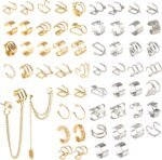 60 Pcs Ear Cuff Earrings for Women Non Piercing Helix Cartilage Silver Gold Plated Clip on Earrings Ear Wrap Earring for Sensitive Ears Women Men Fake Earring Set