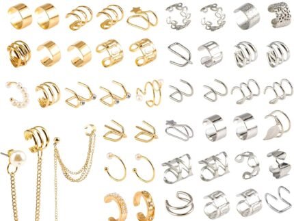 60 Pcs Ear Cuff Earrings for Women Non Piercing Helix Cartilage Silver Gold Plated Clip on Earrings Ear Wrap Earring for Sensitive Ears Women Men Fake Earring Set