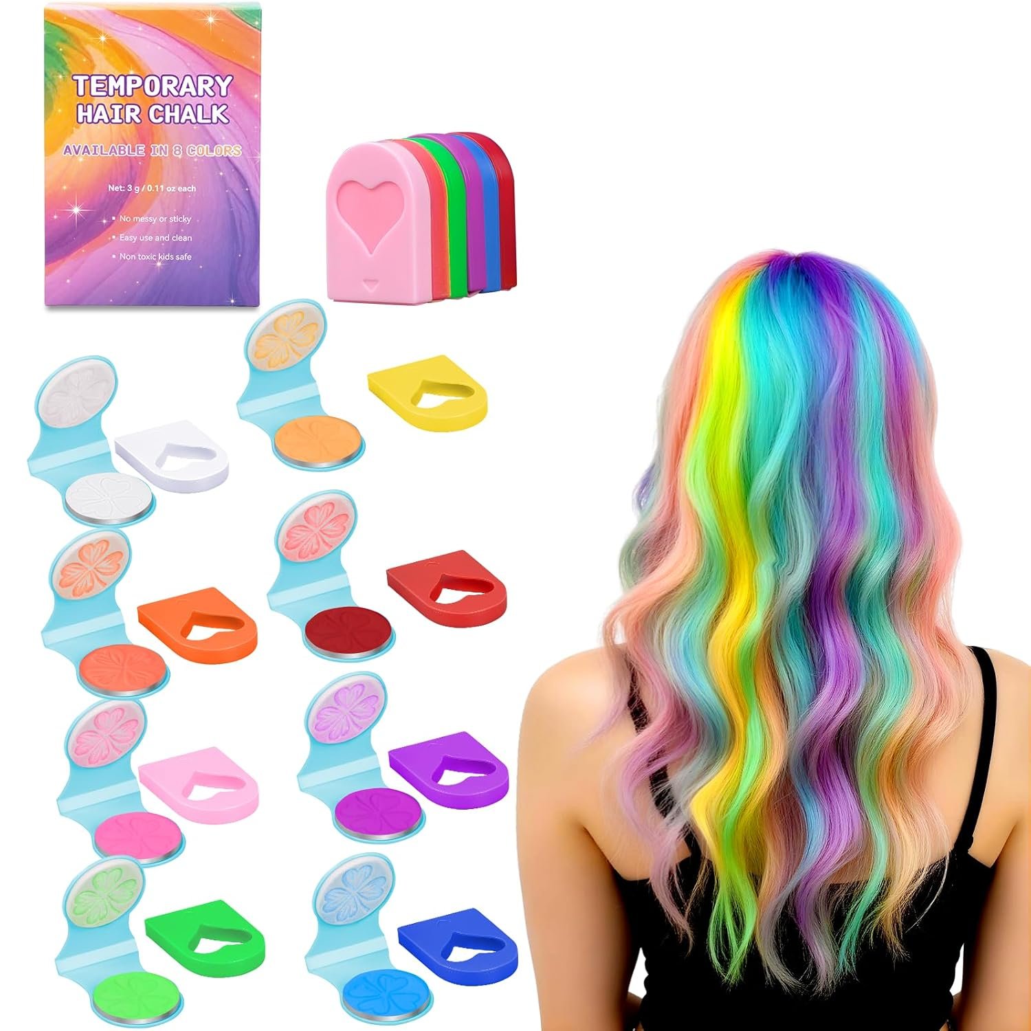 8 Colors Temporary Hair Chalk, Washable Hair Dye for Kids, Non-Sticky UV Light Neon Hair Color, Makeup for Birthday Parties, Halloween & Christmas Festival Gifts, Ideal for Girls Ages 6-10 8 Colors Temporary Hair Chalk, Washable Hair Dye for Kids, Non-Sticky UV Light Neon Hair Color, Makeup for Birthday Parties, Halloween & Christmas Festival Gifts, Ideal for Girls Ages 6-10