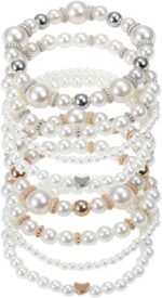 8 Pack Pearl Bracelets for Women Simulated Pearl Beaded Stackable Bracelet Set White Pearls Stretch Bracelet Set Multilayered Elastic Pearls Bracelets Bangles for Women Bridal Boho Jewelry