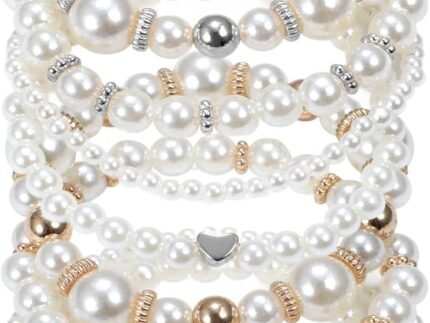 8 Pack Pearl Bracelets for Women Simulated Pearl Beaded Stackable Bracelet Set White Pearls Stretch Bracelet Set Multilayered Elastic Pearls Bracelets Bangles for Women Bridal Boho Jewelry