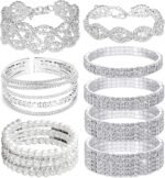 8Pcs Rhinestone Stretch Cuff Bracelet for Women Cubic Zirconia Tennis Stretch Bracelet Bangle Bling Crystal Bracelet Slivery Sparkly Bridal Wedding Jewelry Bracelet Set