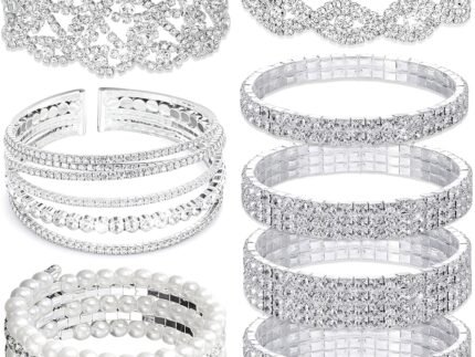 8Pcs Rhinestone Stretch Cuff Bracelet for Women Cubic Zirconia Tennis Stretch Bracelet Bangle Bling Crystal Bracelet Slivery Sparkly Bridal Wedding Jewelry Bracelet Set