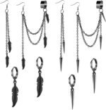 8pcs Cuff Earring for Men Women Feather Leaf Tassel Ear Goth Punk Spike Chain Earrings Threader Ear Cuff Wrap Crawler Climer Cartilage Unisex Jewelry Gift