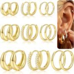 9 Pairs Gold Huggie Hoop Earrings for Women, 14K Gold Plated Stackable Set