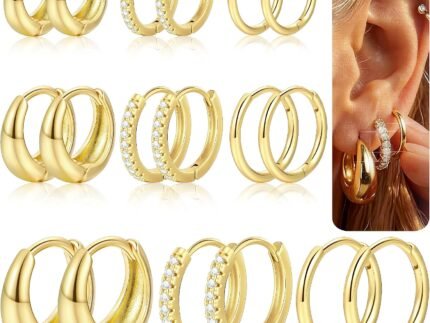 9 Pairs Gold Huggie Hoop Earrings for Women, 14K Gold Plated Stackable Set