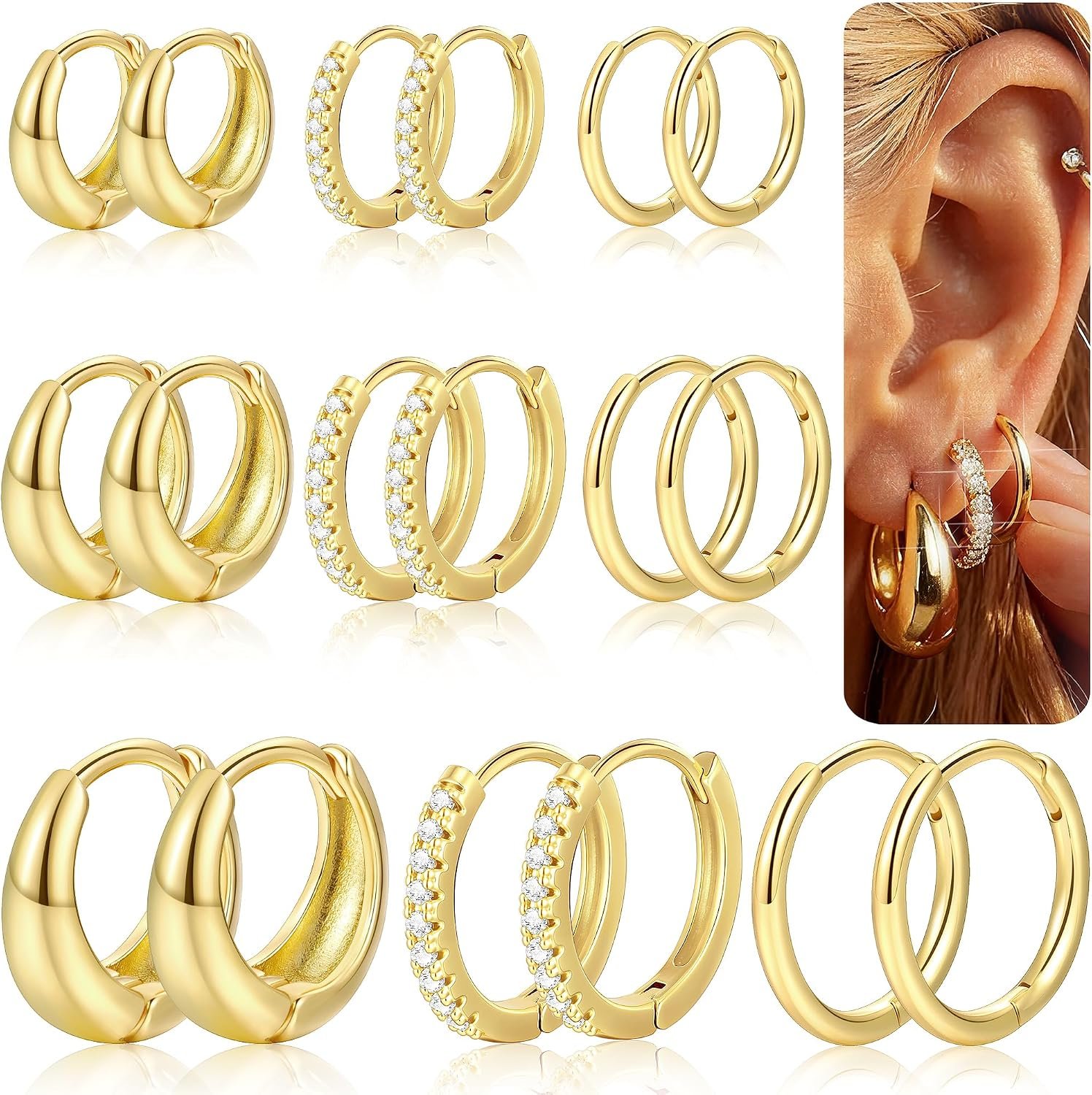 9 Pairs Gold Huggie Hoop Earrings for Women, 14K Gold Plated Stackable Set 9 Pairs Gold Huggie Hoop Earrings for Women, 14K Gold Plated Stackable Set