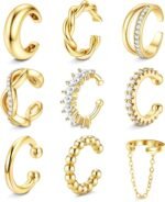 9PCS 14K Gold Plated Ear Cuff Earrings for Women Non Piercing jewelry