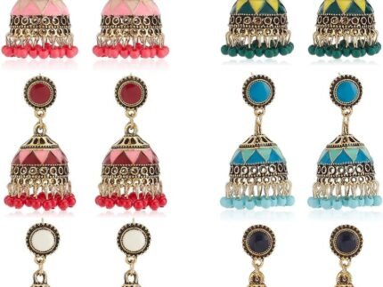 ANATTASOUL Indian Earrings for Women Vintage Jhumka Earrings Boho Gold Plated Multicolor Bell Faux Pearl Tassel Dangle Drop Gypsy Bollywood Statement Earring Fashion Jewelry Teacher’s Gift