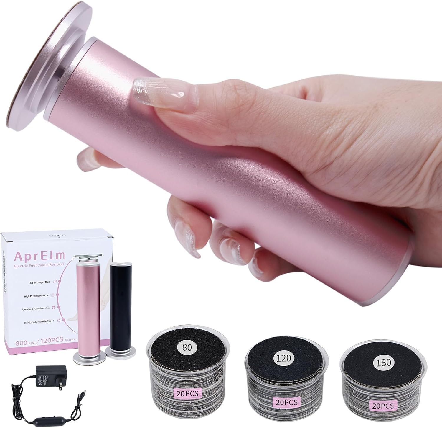 APRELM Electric Foot Callus Remover with 3-Sizes 60pcs Sandpaper Discs, APRELM Electric Foot Callus Remover with 3-Sizes 60pcs Sandpaper Discs, 4.8IN Longer Professional Aluminum Electric Foot File for Dead Skin
