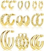 Adoyi 9 Pairs Gold Hoop Earrings Set for Womens Twisted Huggie Hoops Earrings 14K 18K Gold Plated for Valentines Mother’s Day Birthday Gifts Lightweight