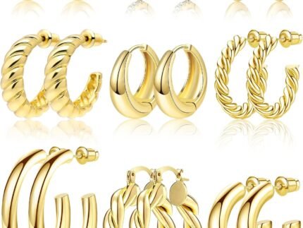 Adoyi 9 Pairs Gold Hoop Earrings Set for Womens Twisted Huggie Hoops Earrings 14K 18K Gold Plated for Valentines Mother’s Day Birthday Gifts Lightweight