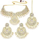Aheli Elegant Wedding Party Wear Faux Kundan Studded Short Necklace Earrings with Maang Tikka Set Indian Ethnic Bollywood Fashion Jewelry Gift for Women