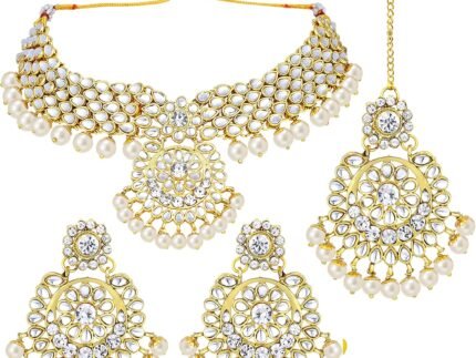Aheli Elegant Wedding Party Wear Faux Kundan Studded Short Necklace Earrings with Maang Tikka Set Indian Ethnic Bollywood Fashion Jewelry Gift for Women