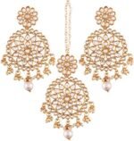 Aheli Ethnic Faux Kundan Drop Pearl Beads Dangle Earrings Maang Tikka Set Bollyood Wedding Party Fashion Jewelry Gift for Women