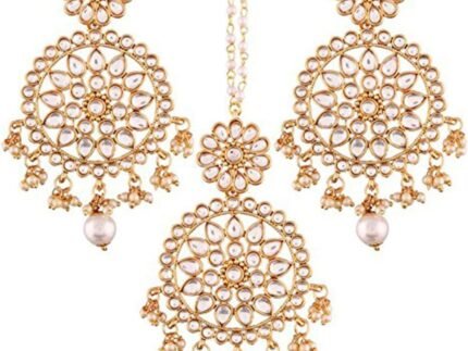 Aheli Ethnic Faux Kundan Drop Pearl Beads Dangle Earrings Maang Tikka Set Bollyood Wedding Party Fashion Jewelry Gift for Women