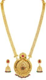 Aheli Gold Plated Rani Pink & Green Synthetic Stone Studded Long Necklace & Jhumki Earrings Traditional Jewellery Set Gift for Women