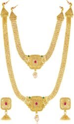 Aheli Gold Plated Synthetic Stone & Pearl Studded Maharani Haar Short & Long Necklace with Jhumki Earrings Bridal Jewellery Set Gift for Women