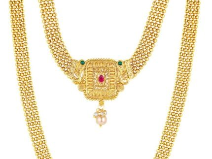 Aheli Gold Plated Synthetic Stone & Pearl Studded Maharani Haar Short & Long Necklace with Jhumki Earrings Bridal Jewellery Set Gift for Women