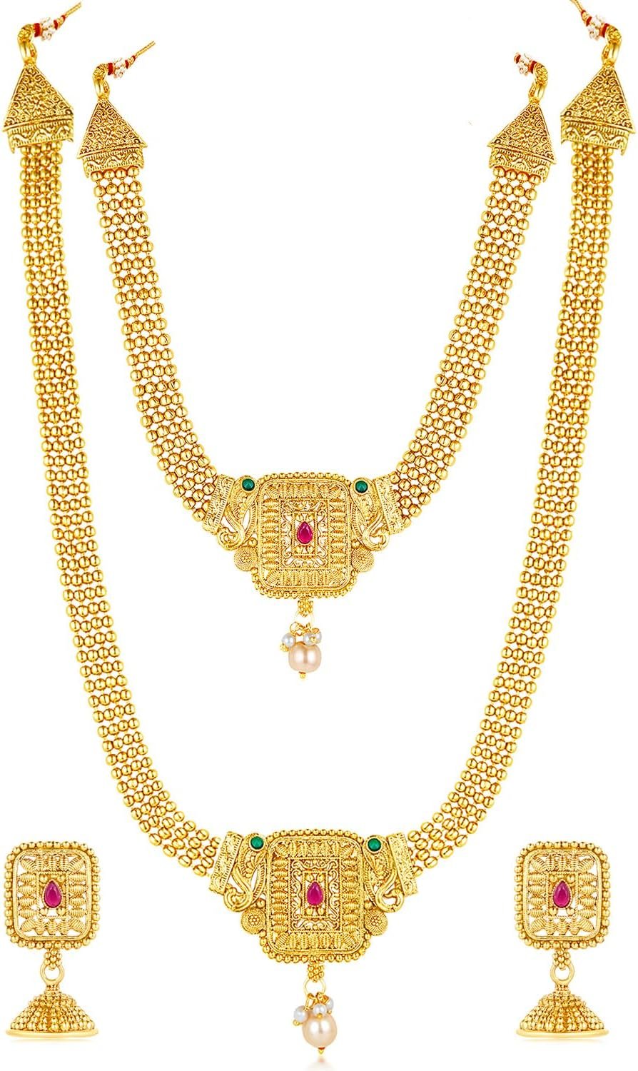 Aheli Gold Plated Synthetic Stone & Pearl Studded Maharani Haar Short & Long Necklace with Jhumki Earrings Bridal Jewellery Set Gift for Women Aheli Gold Plated Synthetic Stone & Pearl Studded Maharani Haar Short & Long Necklace with Jhumki Earrings Bridal Jewellery Set Gift for Women