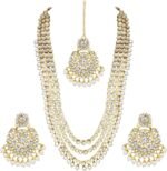 Aheli Indian Ethnic Wedding Faux Kundan Beaded Bridal Long Necklace Earrings with Maang Tikka Traditional Jewellery Set Gift for Women