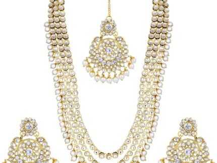 Aheli Indian Ethnic Wedding Faux Kundan Beaded Bridal Long Necklace Earrings with Maang Tikka Traditional Jewellery Set Gift for Women